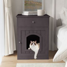 Black Wooden Cat Litter Box Enclosure W Drawer & Side Table, Indoor Pet Crate Nightstand For Home
